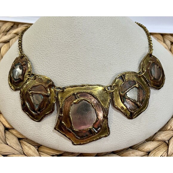 VTG Brass Copper Chunky Bib Style Statement Necklace 16in Handmade Brutalist - Picture 1 of 8